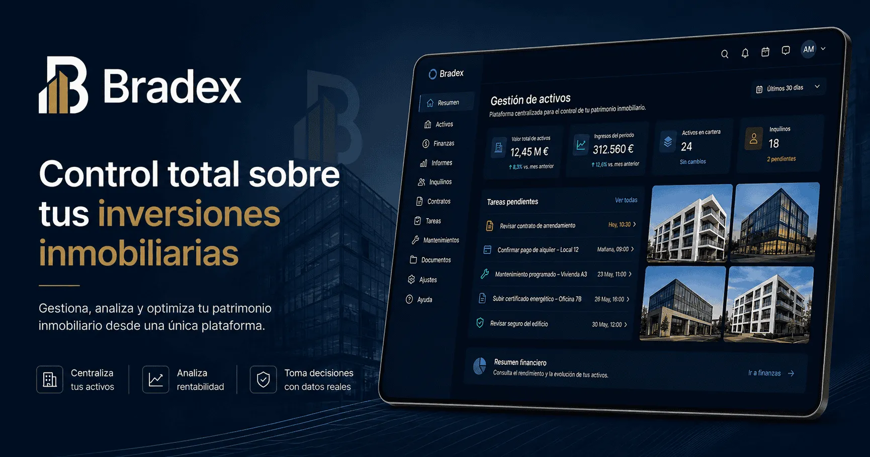 Plataforma de gestión inmobiliaria Bradex mostrando un panel con gráficos y analíticas de activos.